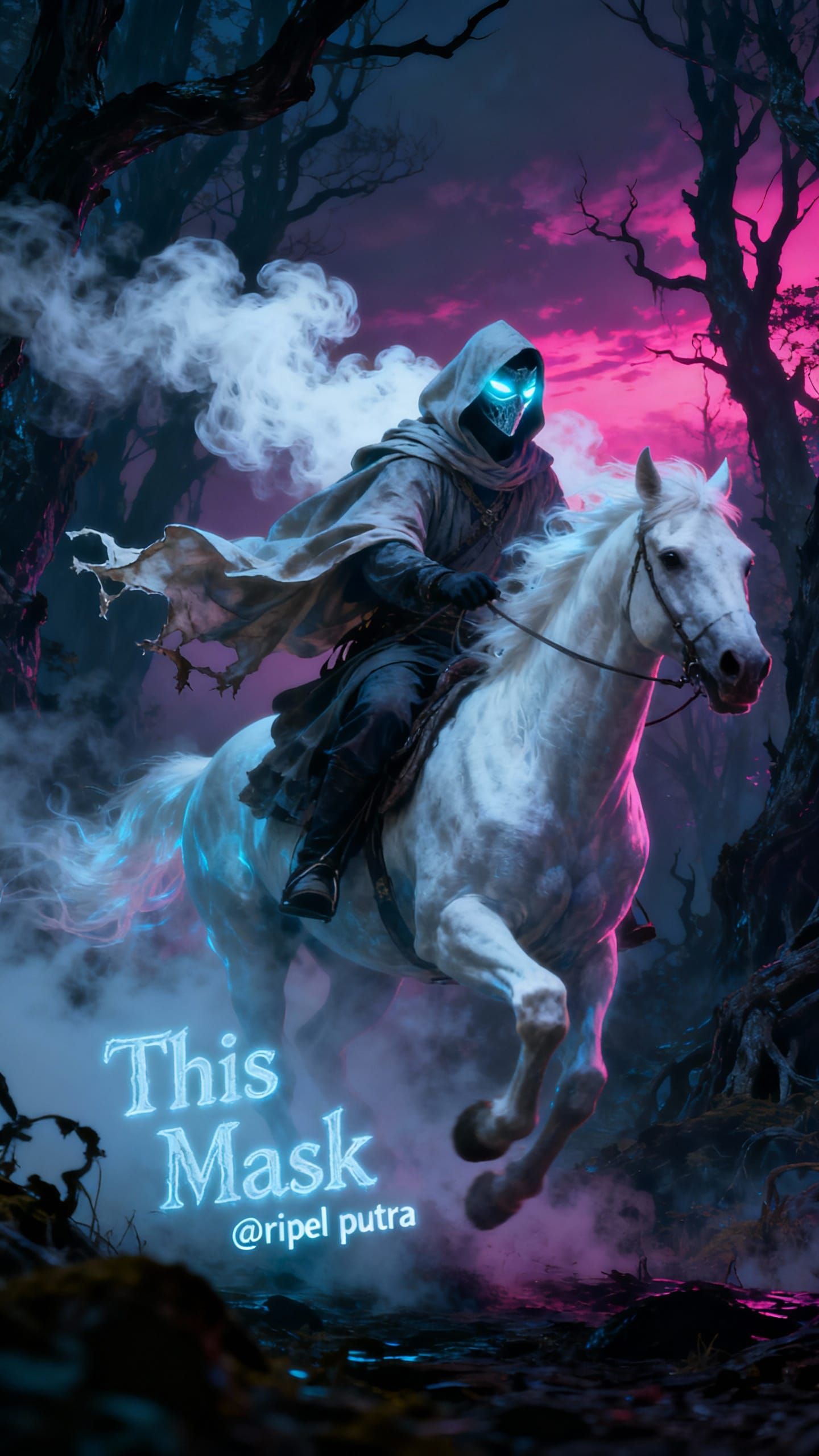 Masked Rider on Ghostly Horse in Dark Fantasy Forest