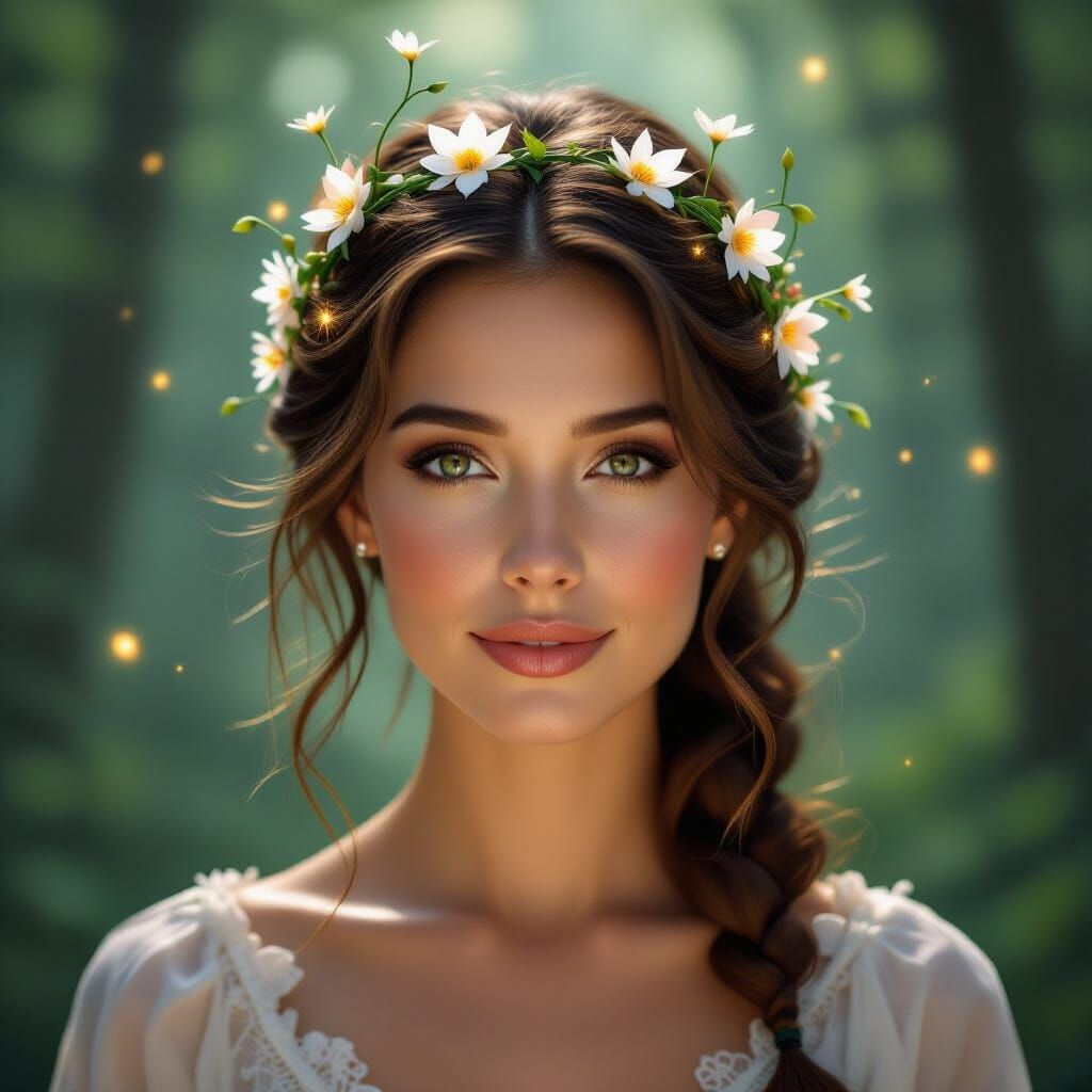 Woman Crowned with Glowing Paper Flowers in Enchanted Forest