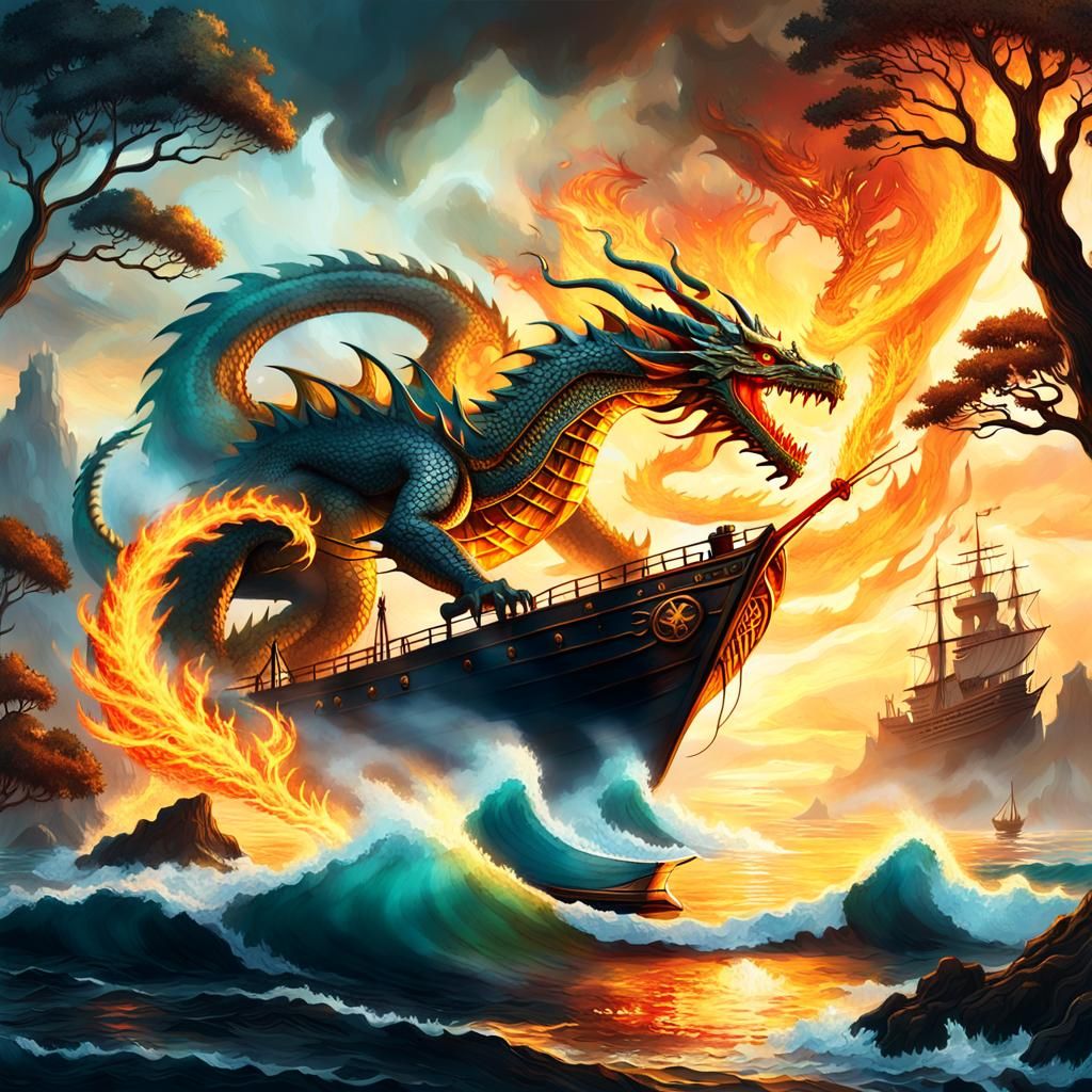 Ethereal Dragon Emerges from Golden Ocean in Cyberpunk-Inspi...