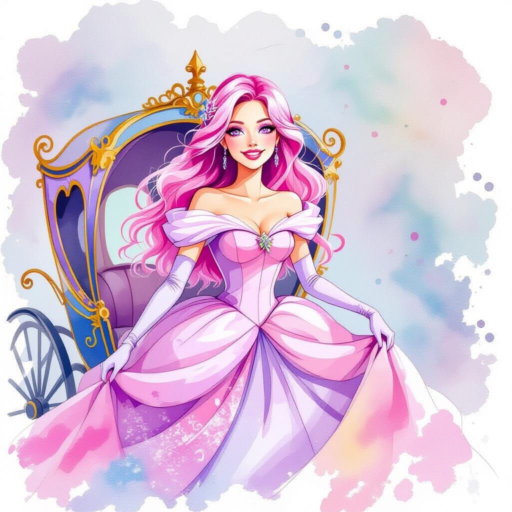 Princess with Pink Hair in Watercolor Style