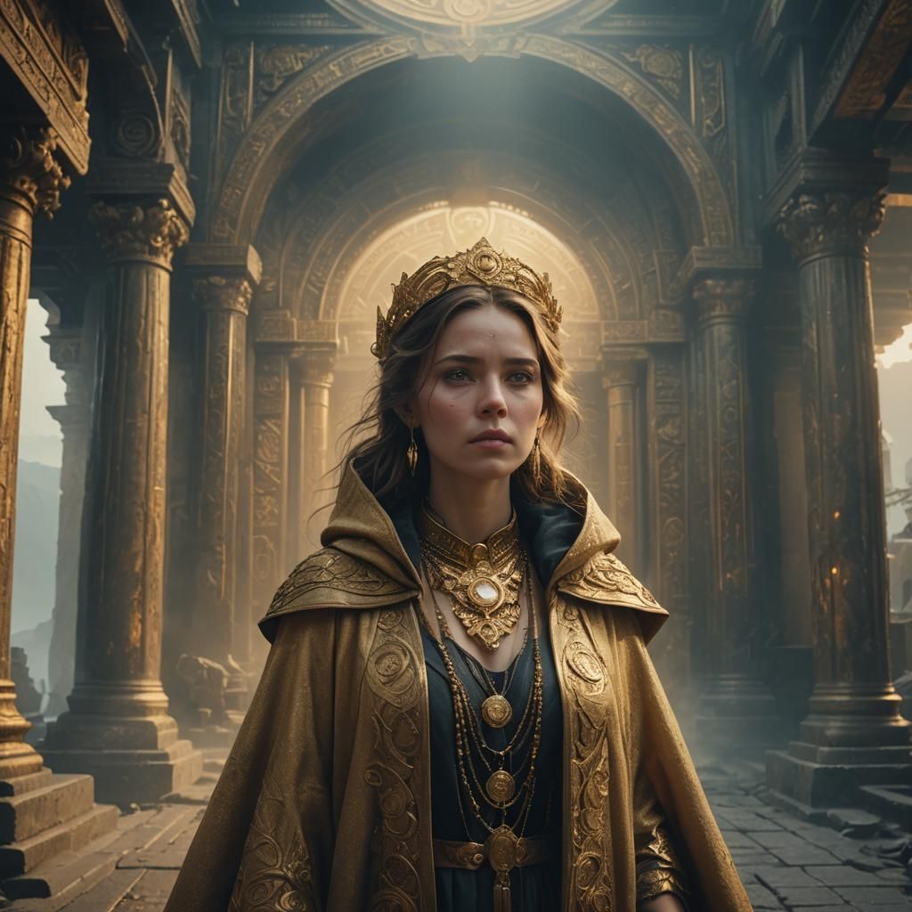 Cinematic Portrait of Woman in Ancient Temple