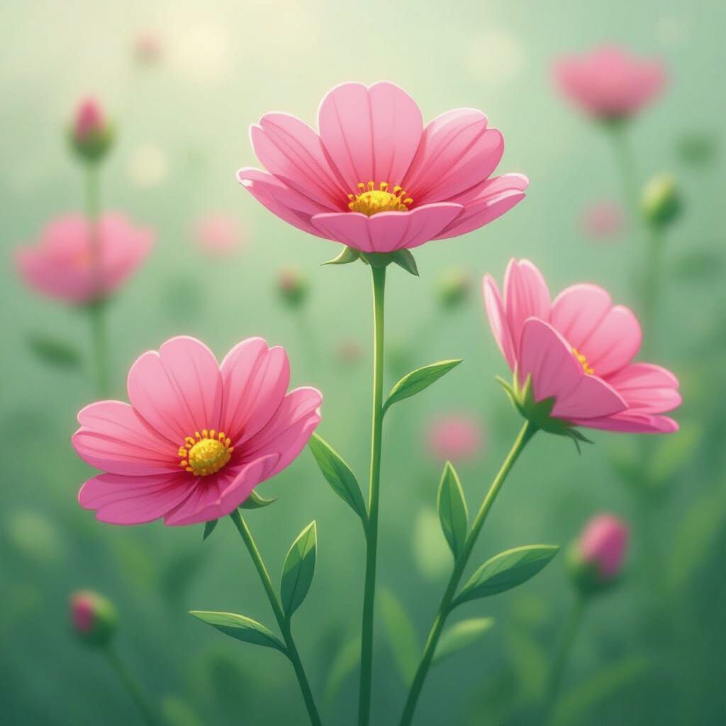 Whimsical Pink Flowers in Hand-Drawn Cartoon Style