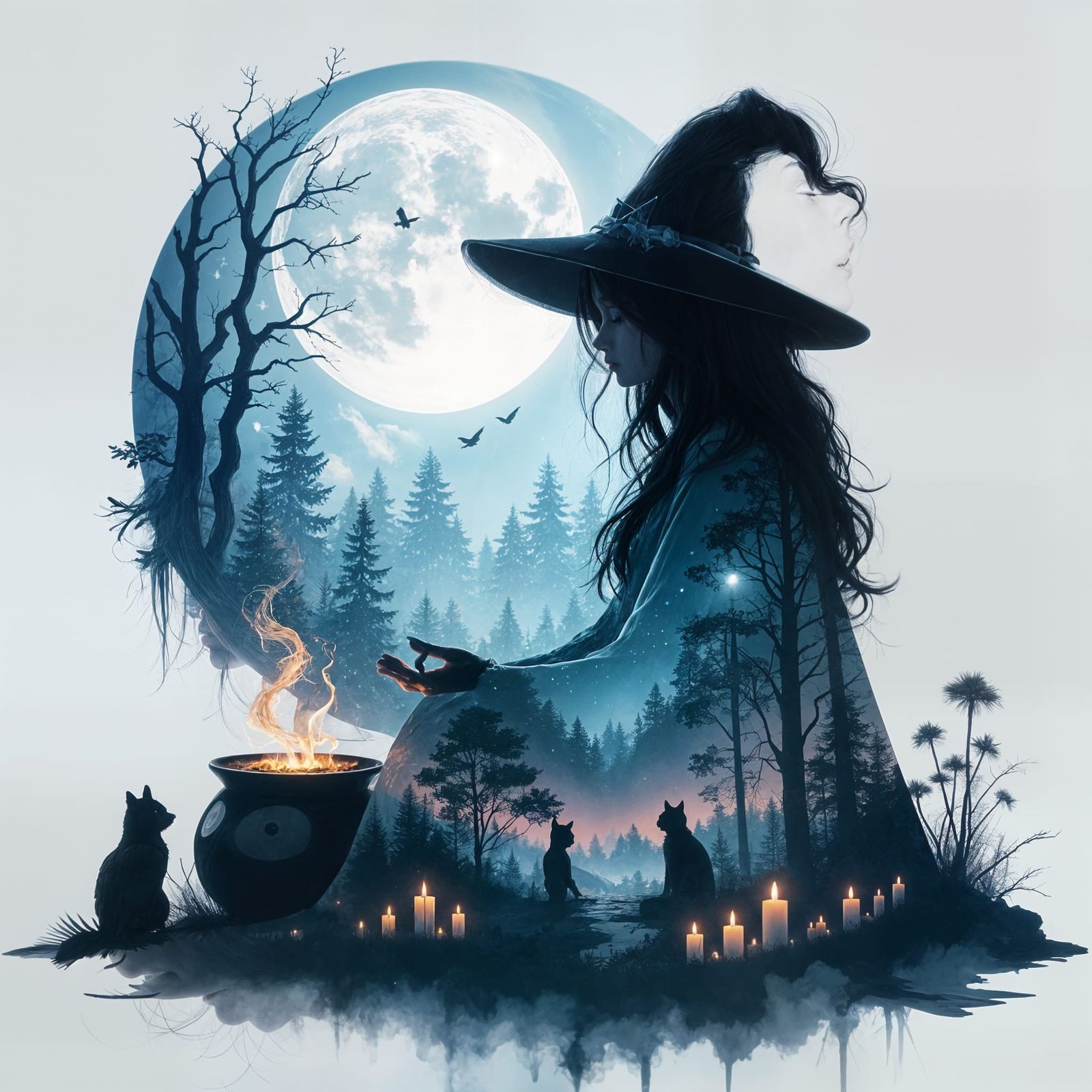 Moonlit Witch Meditation Double Exposure Digital Painting