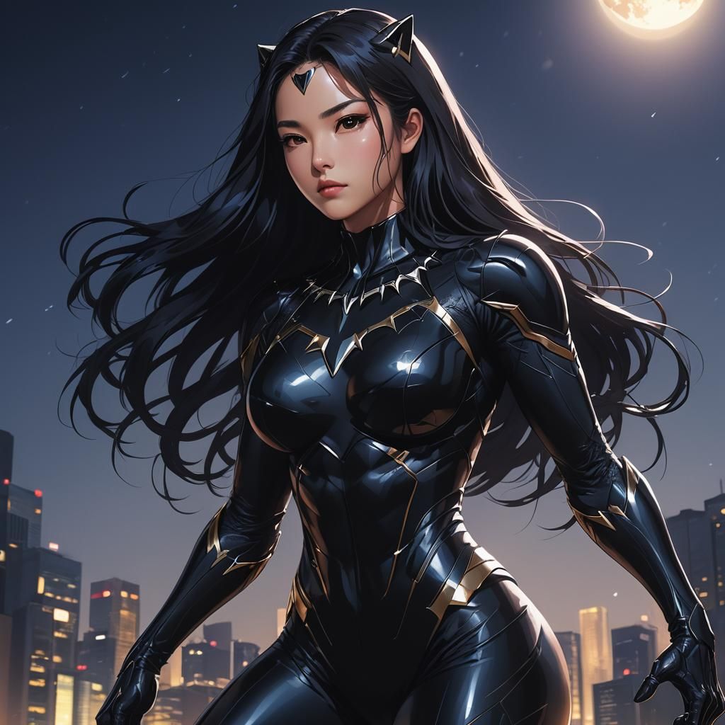 Anime Woman in Black Panther Suit: Cel-Shaded Style