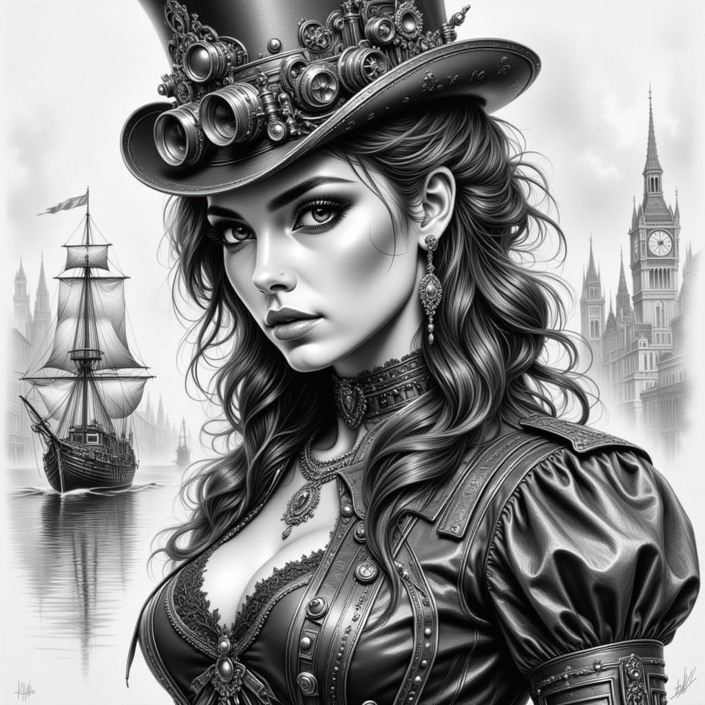 Steampunk Girl with Sailing Ship in Black and White