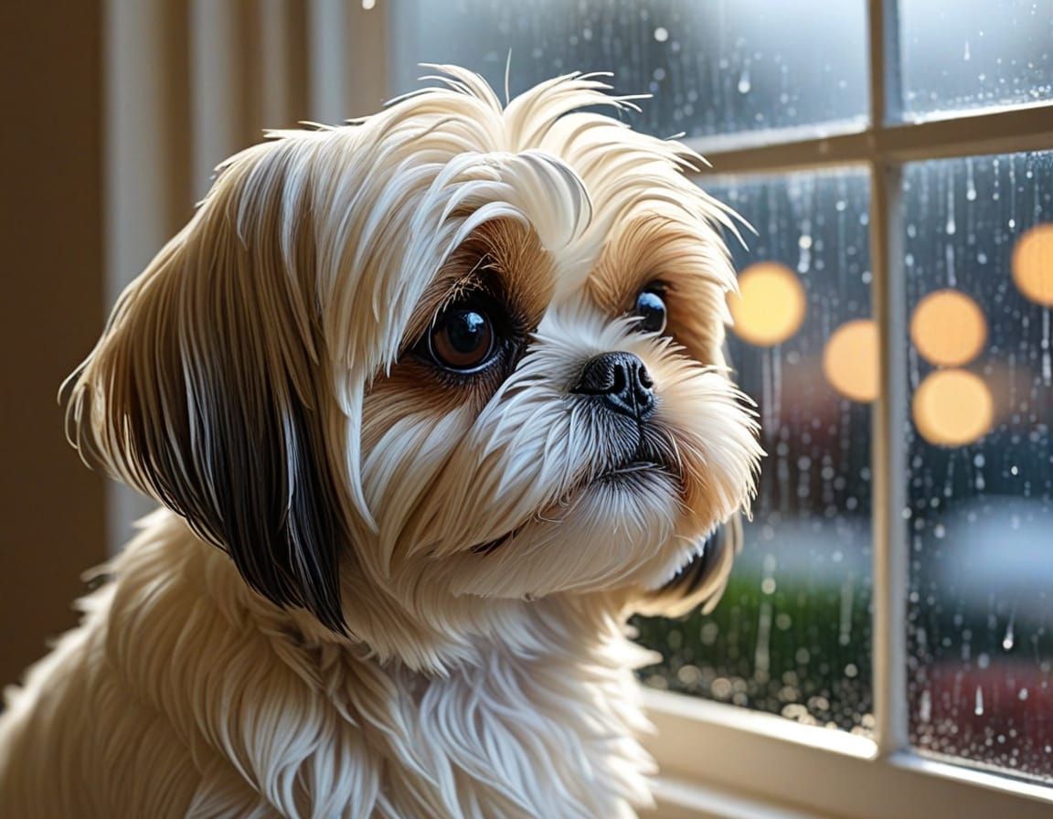 Cute Shih Tzu Dog Contemplates Raindrops on Window in Master...