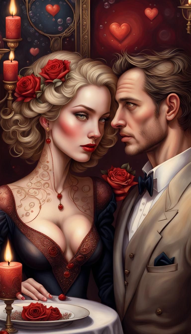Romantic Valentine's Dinner Portrait in Surreal Style