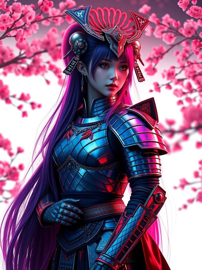 Cyberpunk Geisha Warrior in Iridescent Samurai Armor