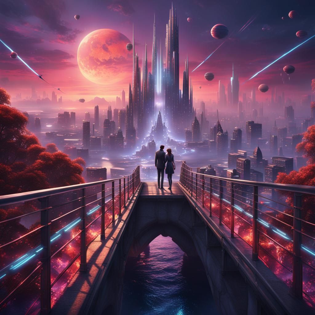 Futuristic Lovers Embrace in a Cyberpunk Cityscape
