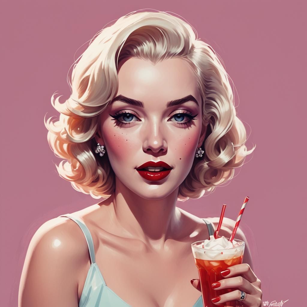 Marilyn-Inspired Pinup Digital Illustration with Drink