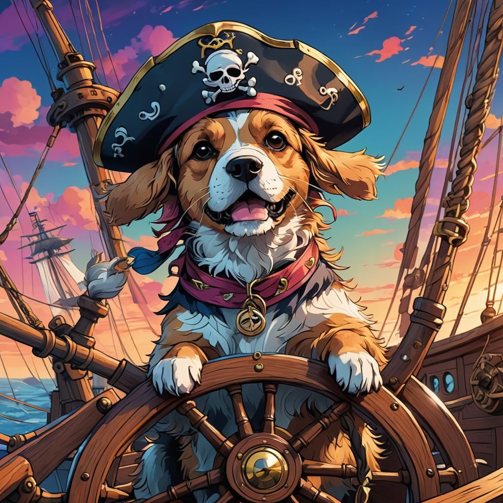 Anime Dog Captain Steering Ship in Studio Trigger Style