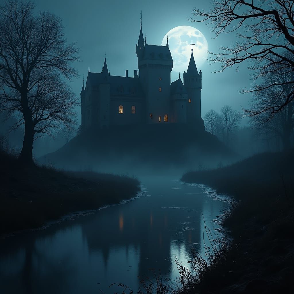 Gothic Castle at Night with Moat
