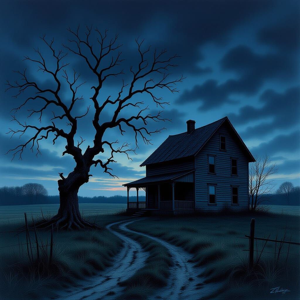 Creepy Farmhouse at Twilight with Skeletal Shadow