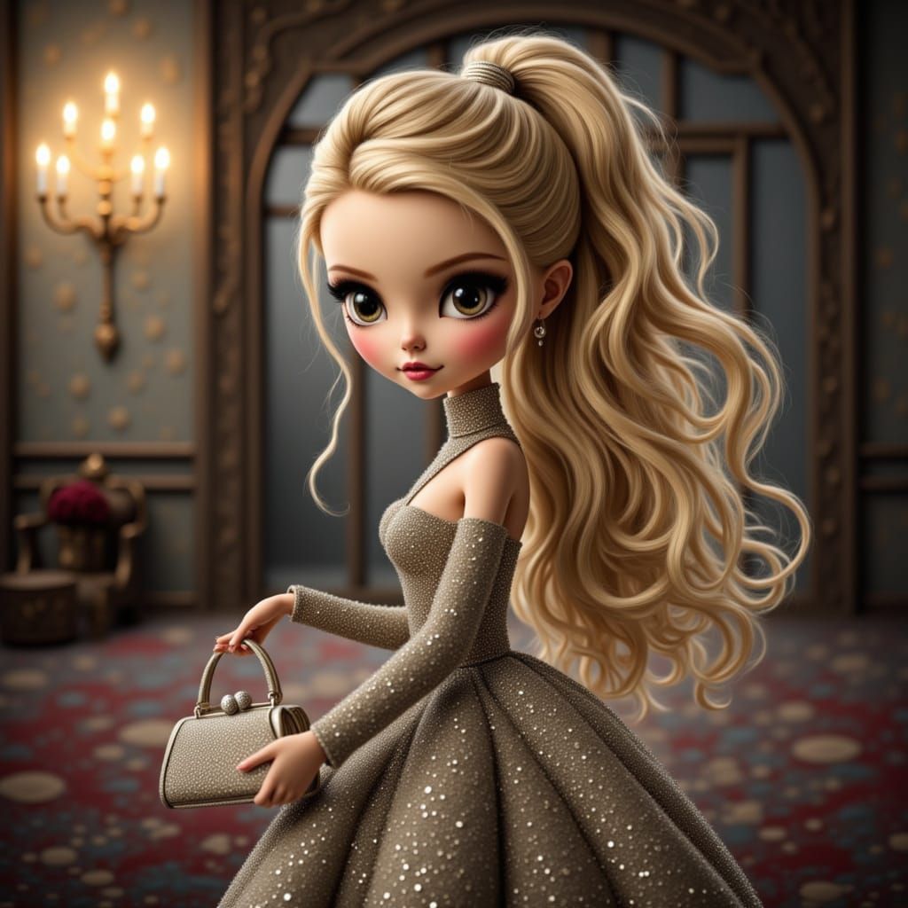 Cute Girl in Sparkly Gown with Long Blonde Hair