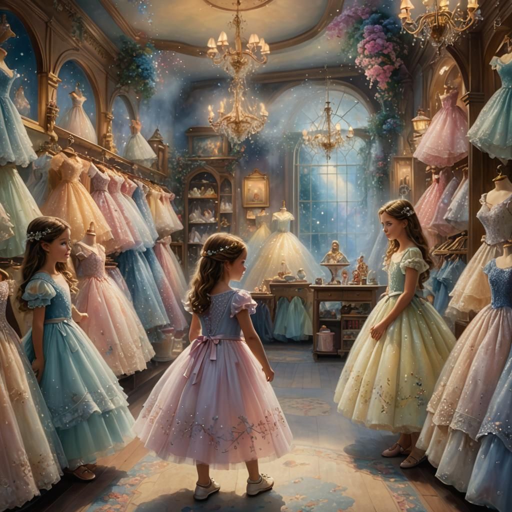 Ethereal Little Girl Surrounded by Fantasy Dresses