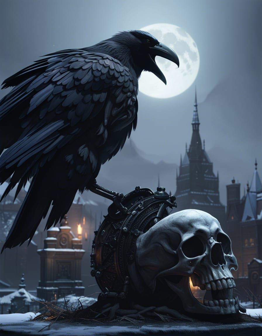 Crow and Skull Under Full Moon, Dark Fantasy Art