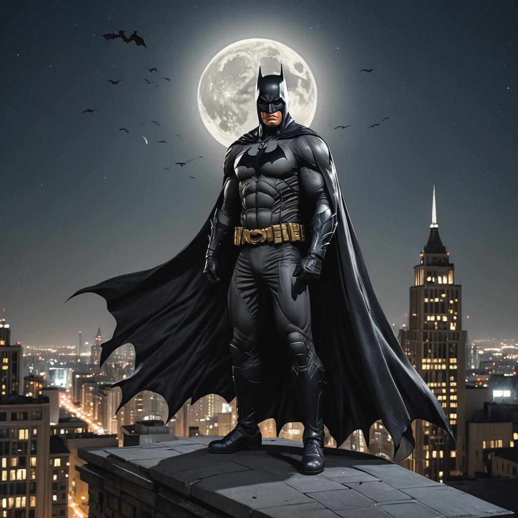 Realistic Batman on Gotham Rooftop at Night