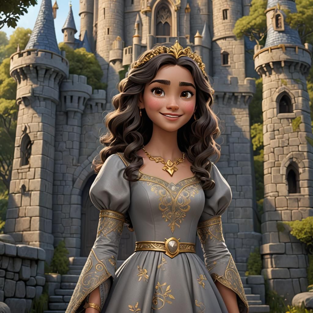 Young Woman in Grey Dress: Pixar-Style 3D Art