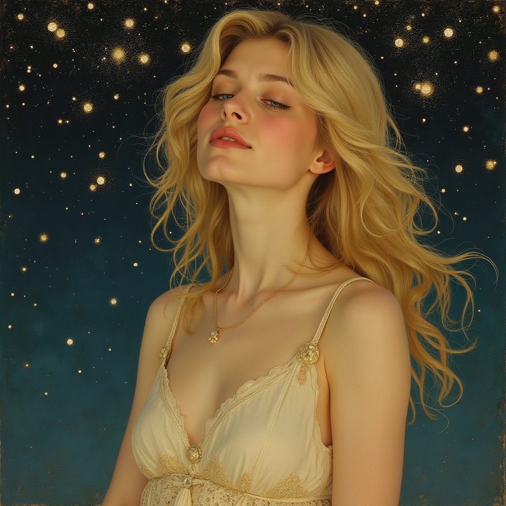 European Woman Under Starry Sky, Hyperrealistic Style