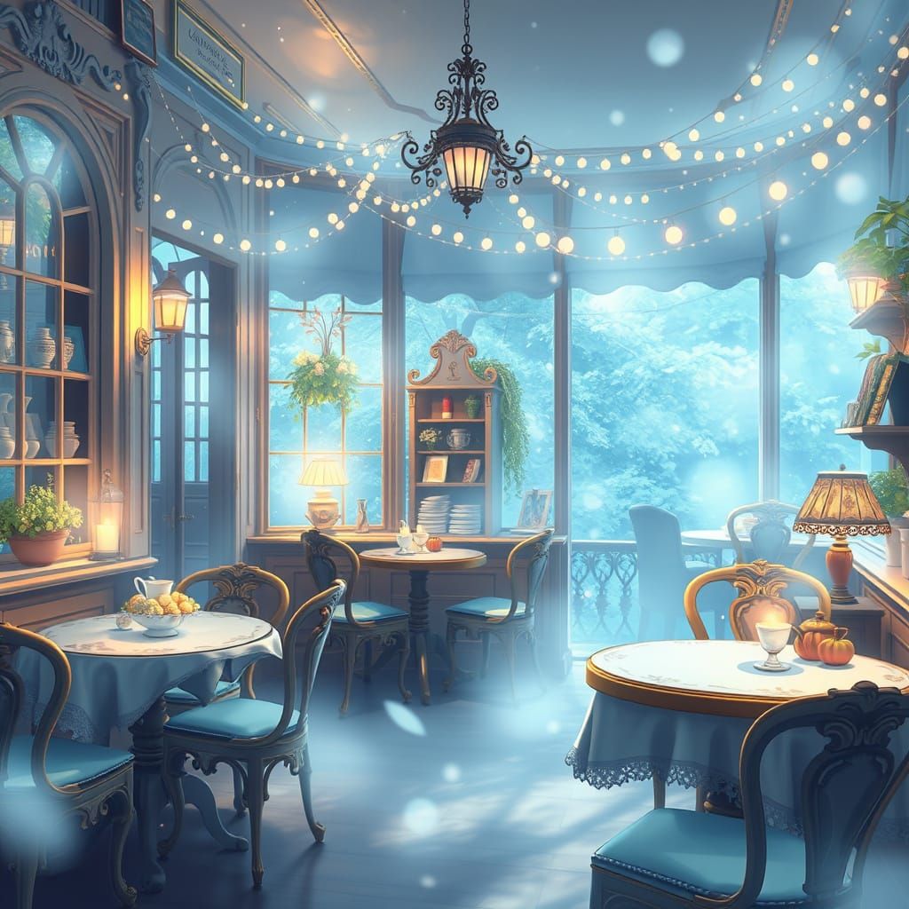 Whimsical French Cafe in Dreamy Anime Style