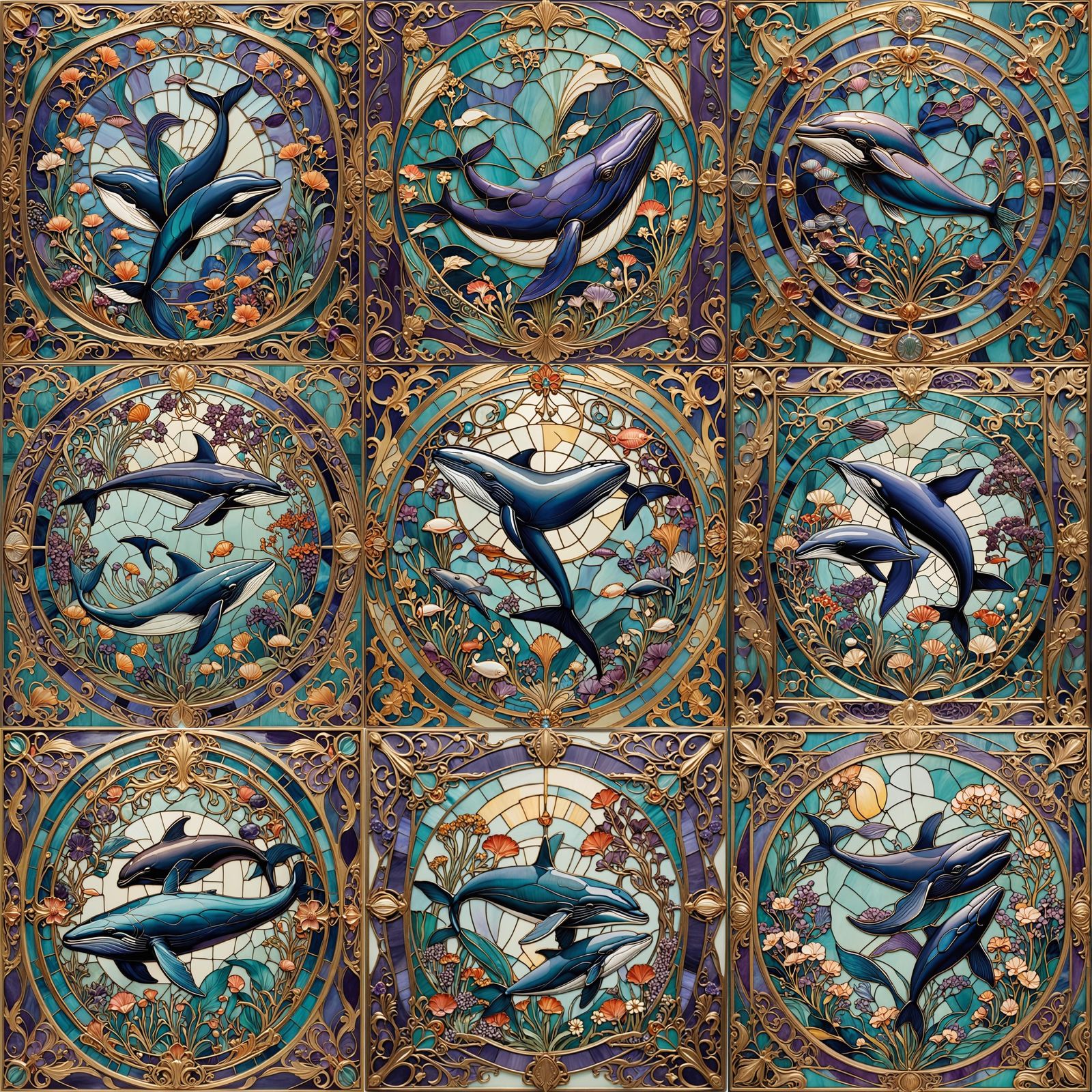 Art Deco Whales in Stained Glass Tile Design