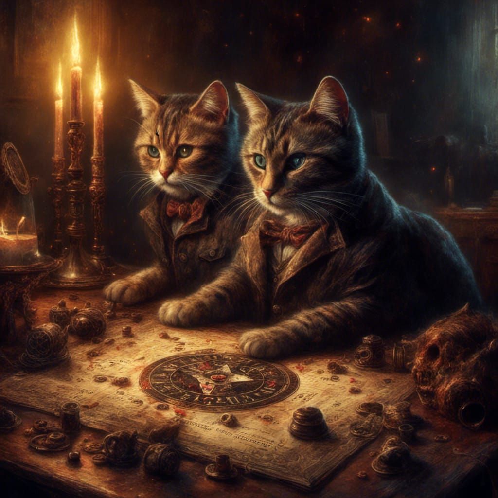 Anthropomorphic Cats Play With Ouija Board as Watercolor