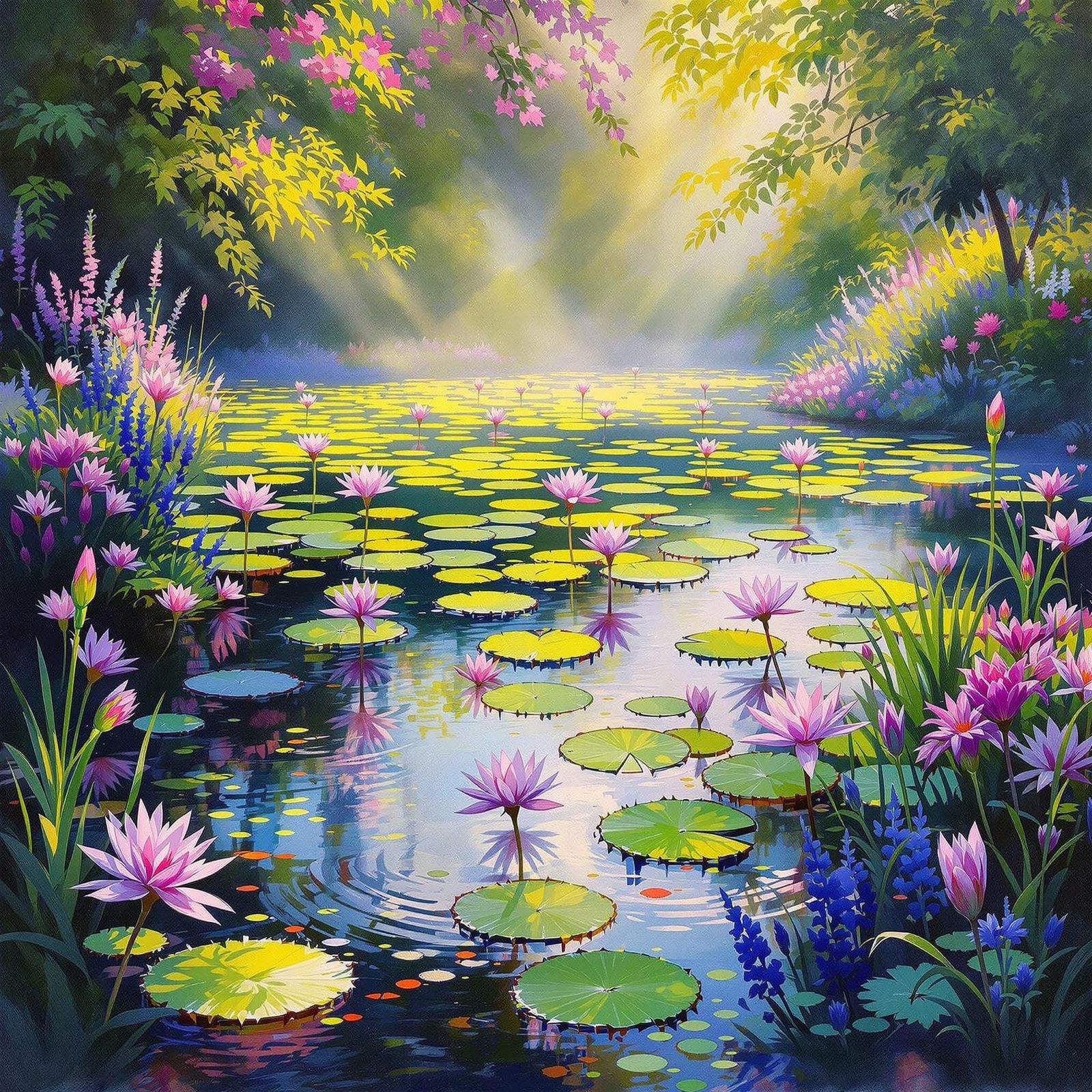 Impressionist Water Garden Scene with Lilies