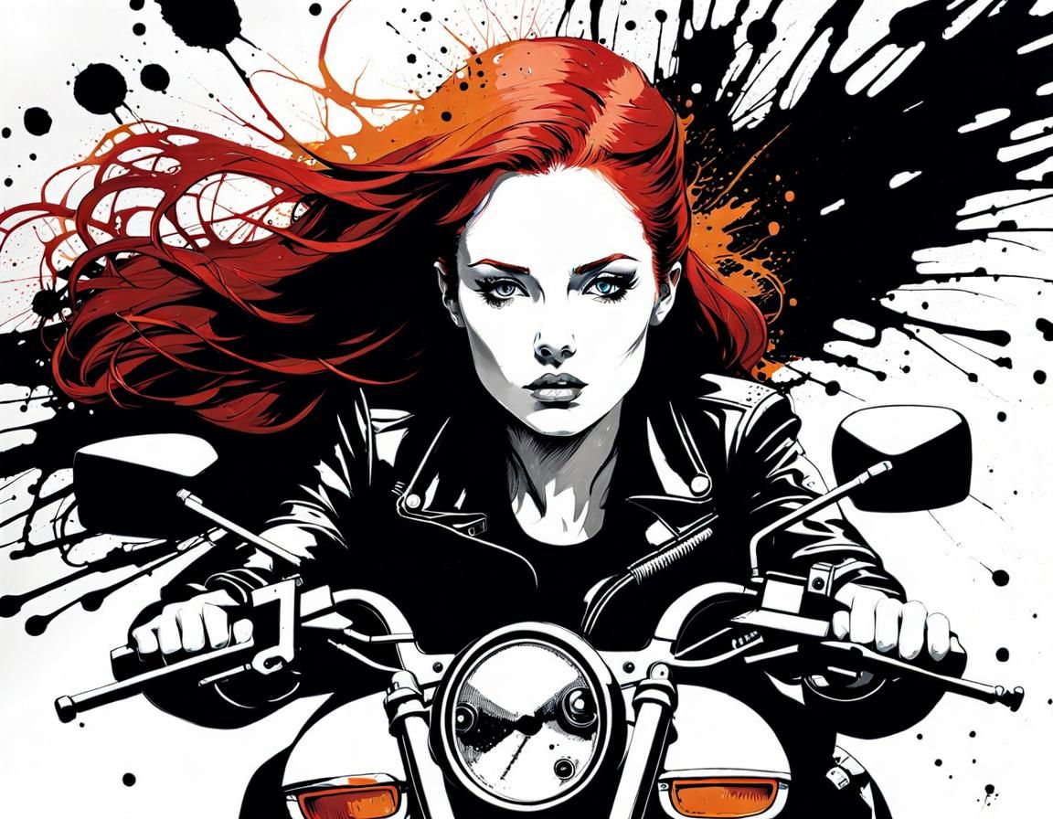 Ink Splatter Portrait: Redhead on Motorcycle