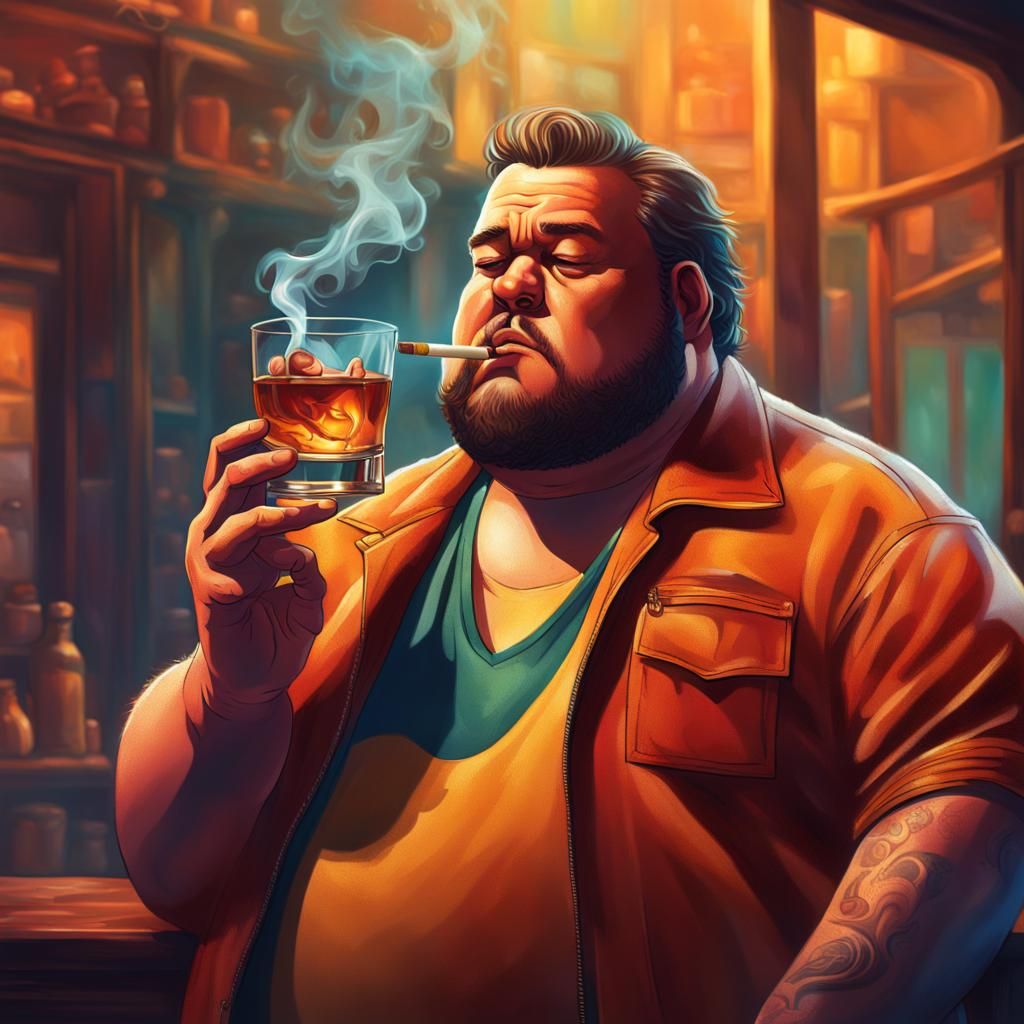 Hyperrealistic Portrait of Man Smoking and Drinking