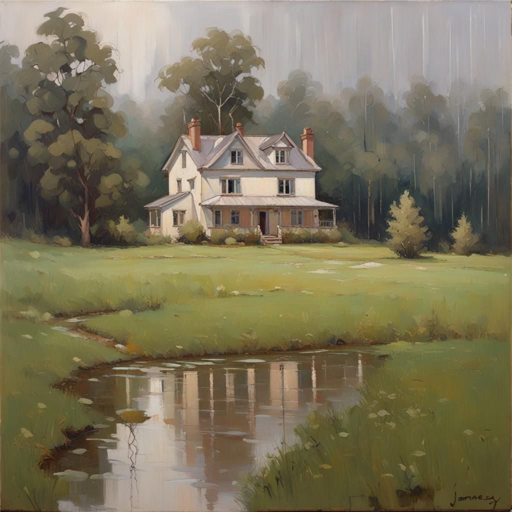 Aesthetic Country House in Meadow, Oil Painting