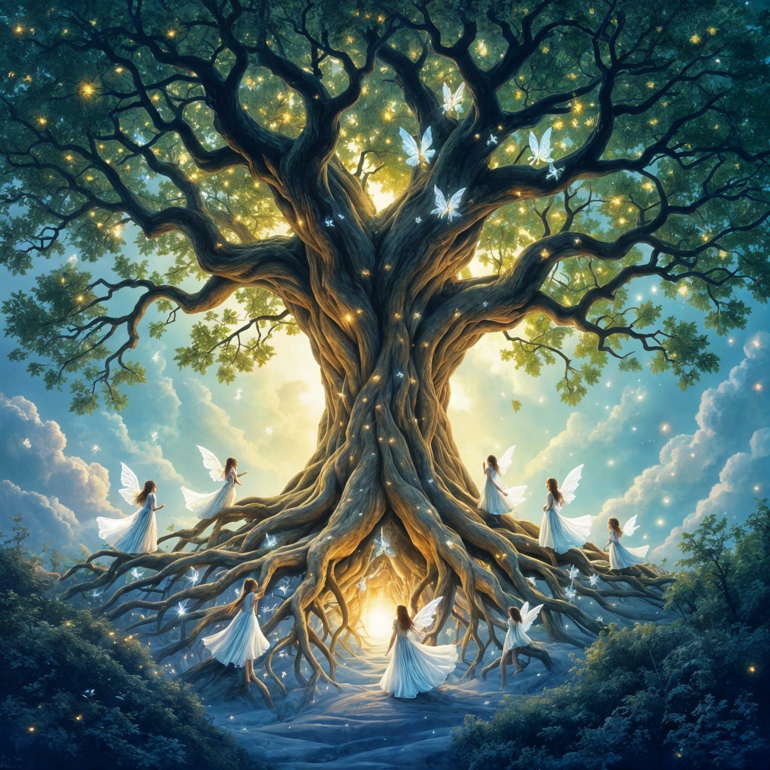 Majestic Oak Tree with Celestial Portals and Fairies