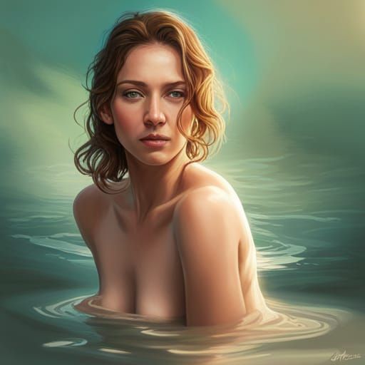 Bathing Naturist Woman: Hyperdetailed Portrait in Splash Art