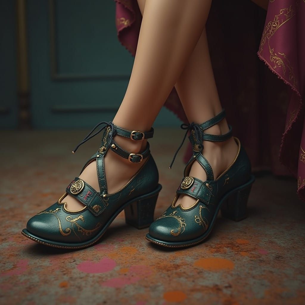 Surreal Clogging Shoes with Mystical Symbols in Deep Blues a...
