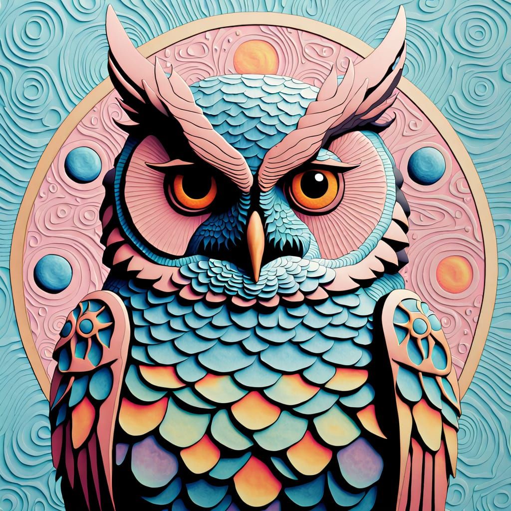 Ornate Textured Acrylic Owl Ukiyo-e VRay futuristic impasto ouroboros pastels