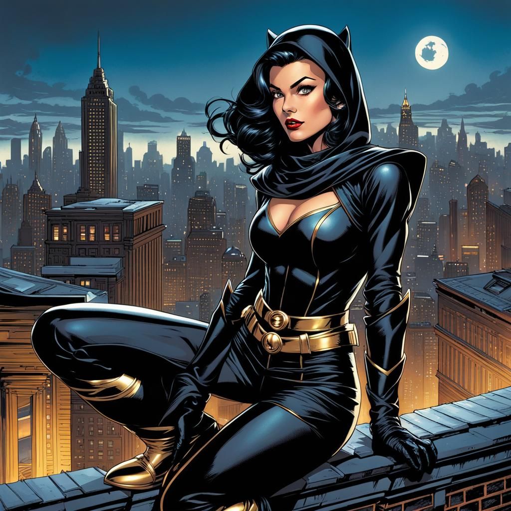 Ninja Girl on Gotham Rooftop in Comic Book Style