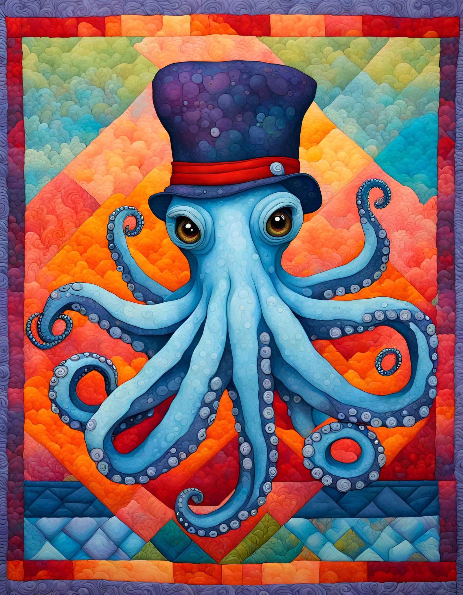 Octopus in Hat on Detailed Fabric Quilt
