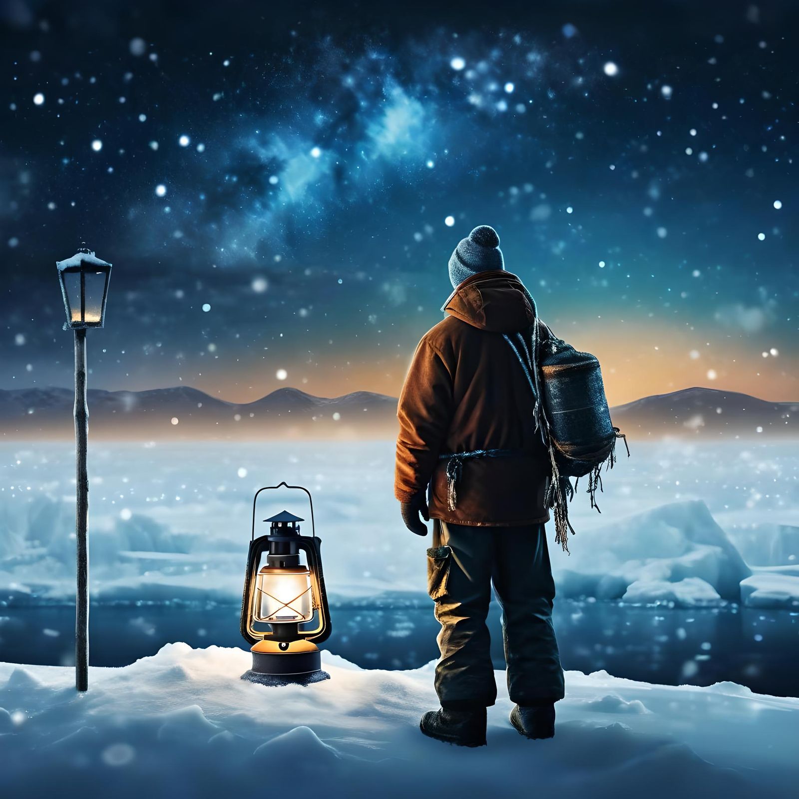 Ice Fisherman with Lantern on Frozen Tundra