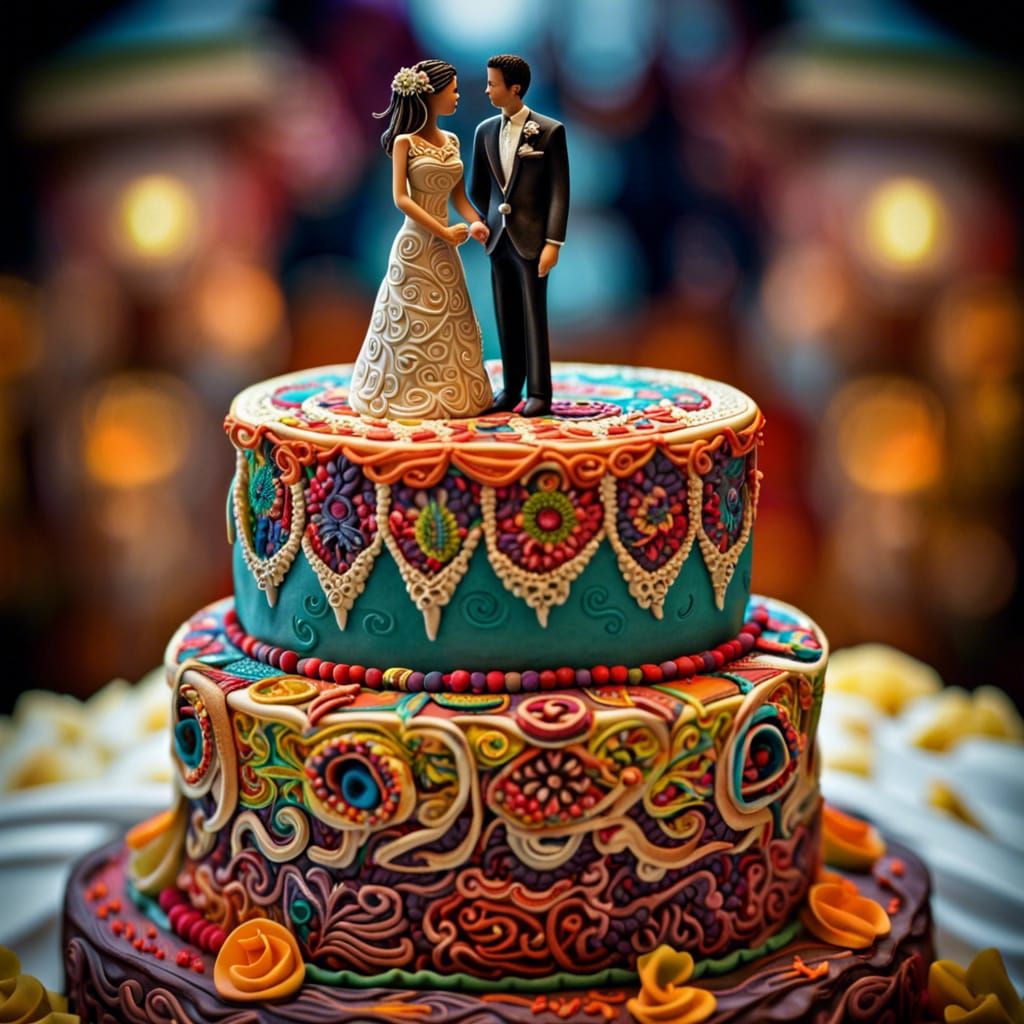 Wedding Cake with Colorful Ethnic Patterns in HDR