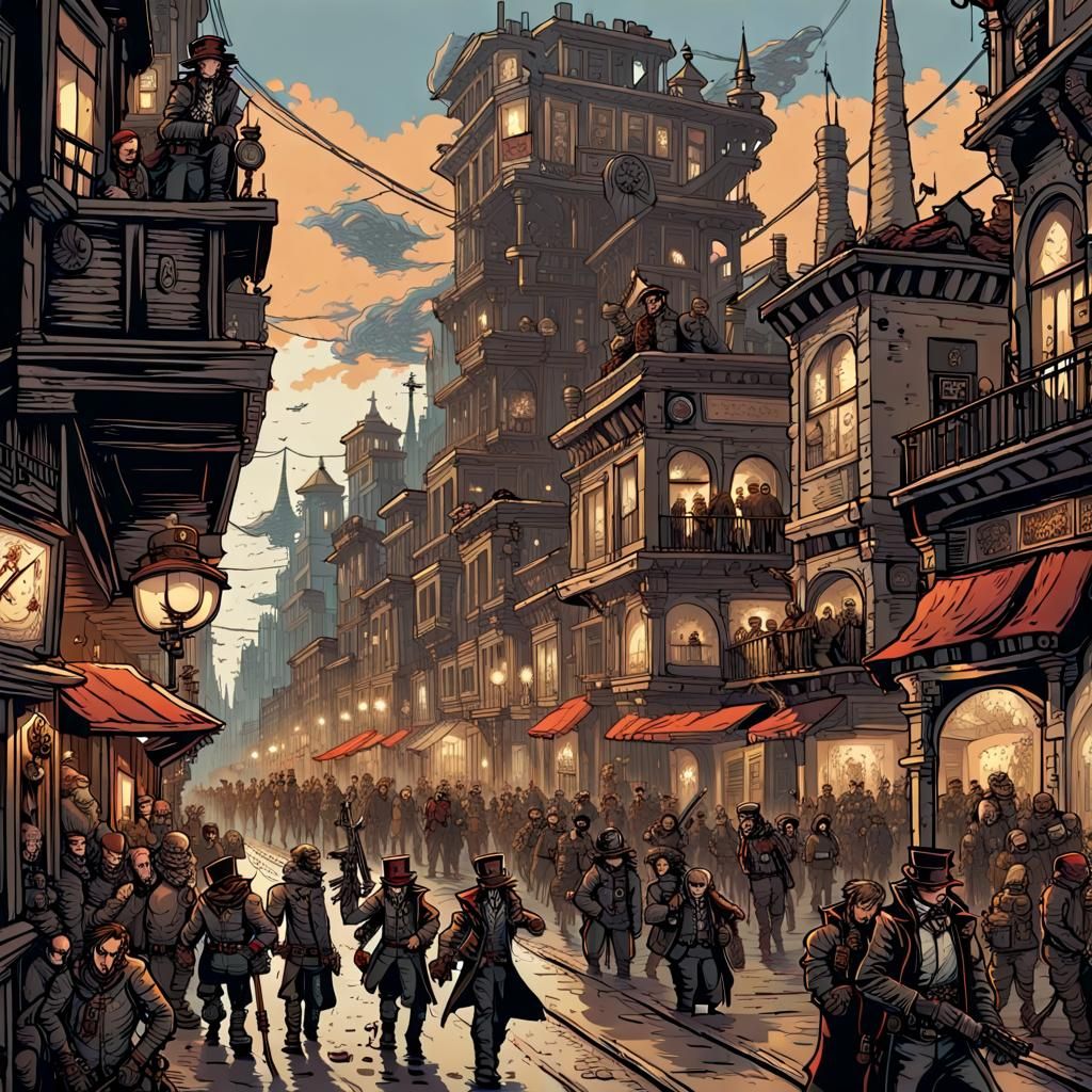 Steampunk Gothic City Under Siege Panorama
