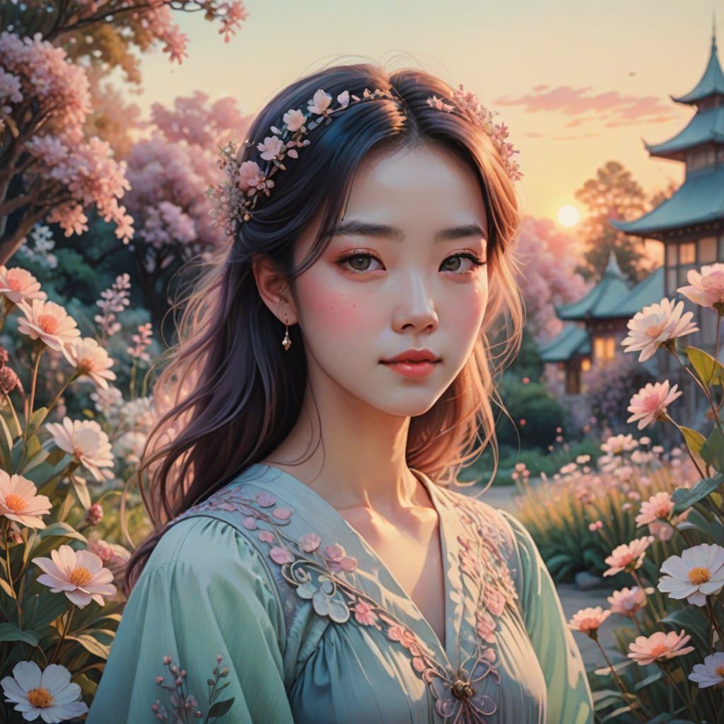 Enchanting Digital Portrait in Whimsical Sunset Garden