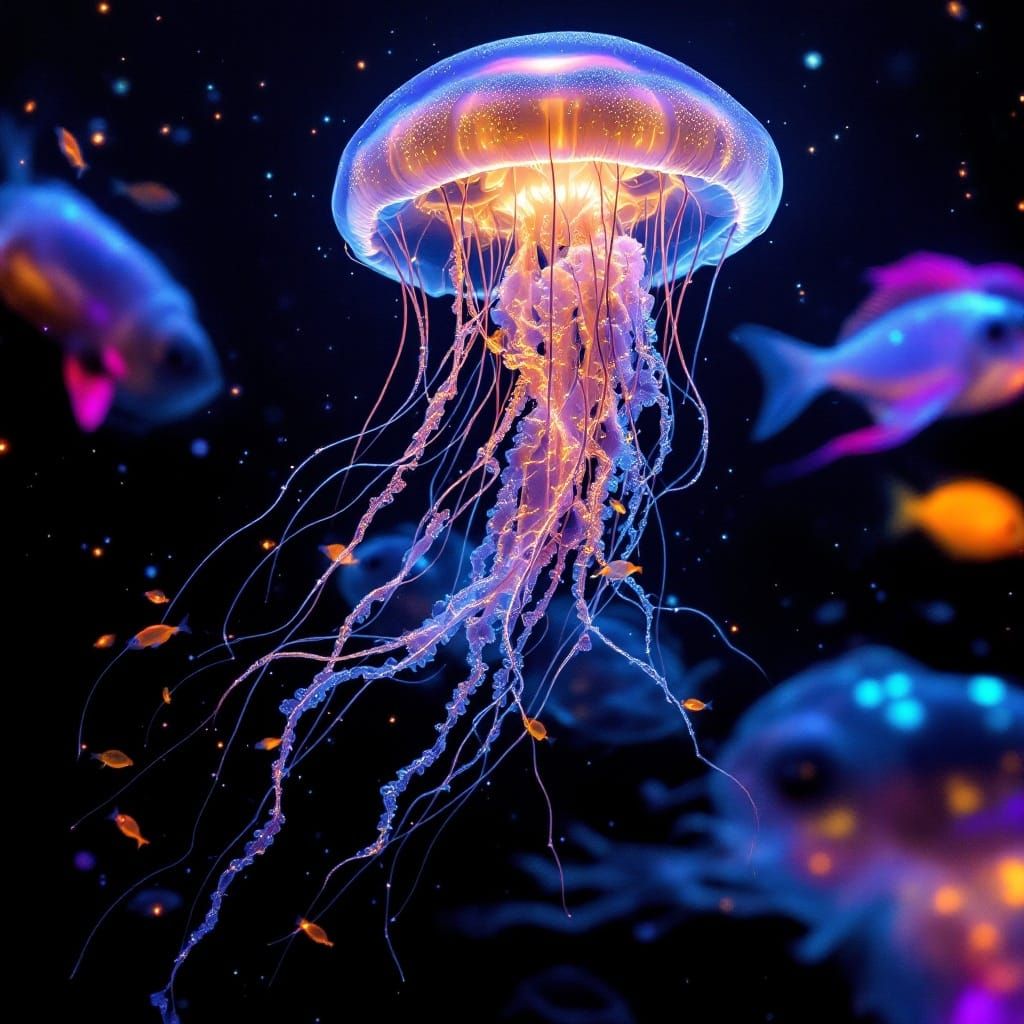 Surreal Bioluminescent Jellyfish Illuminates Deep Sea Cosmos