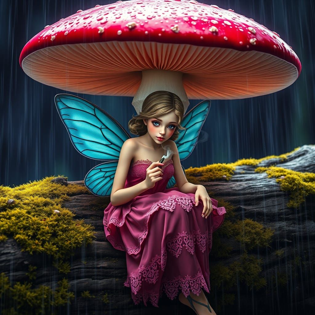 Mystical Fairy Amidst the Cap of a Giant Fly Agaric Mushroom