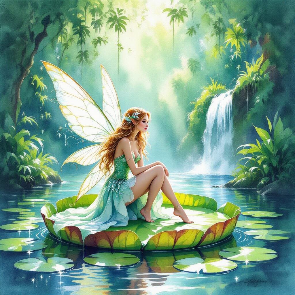 Faerie in Jungle Clearing Watercolor Painting
