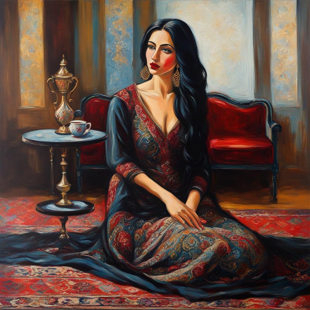 Elegant Middle Eastern Woman in Expressionist Oil Painting
