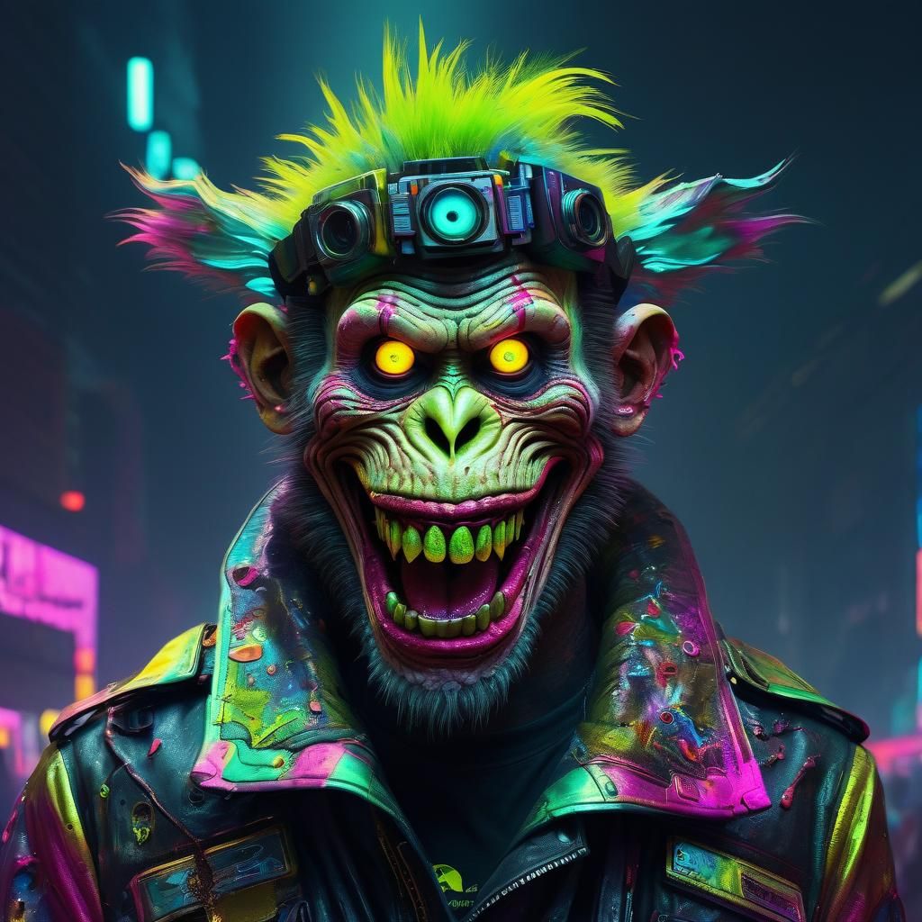 Cyberpunk Clown Grinning Maniacally in Vibrant Neon