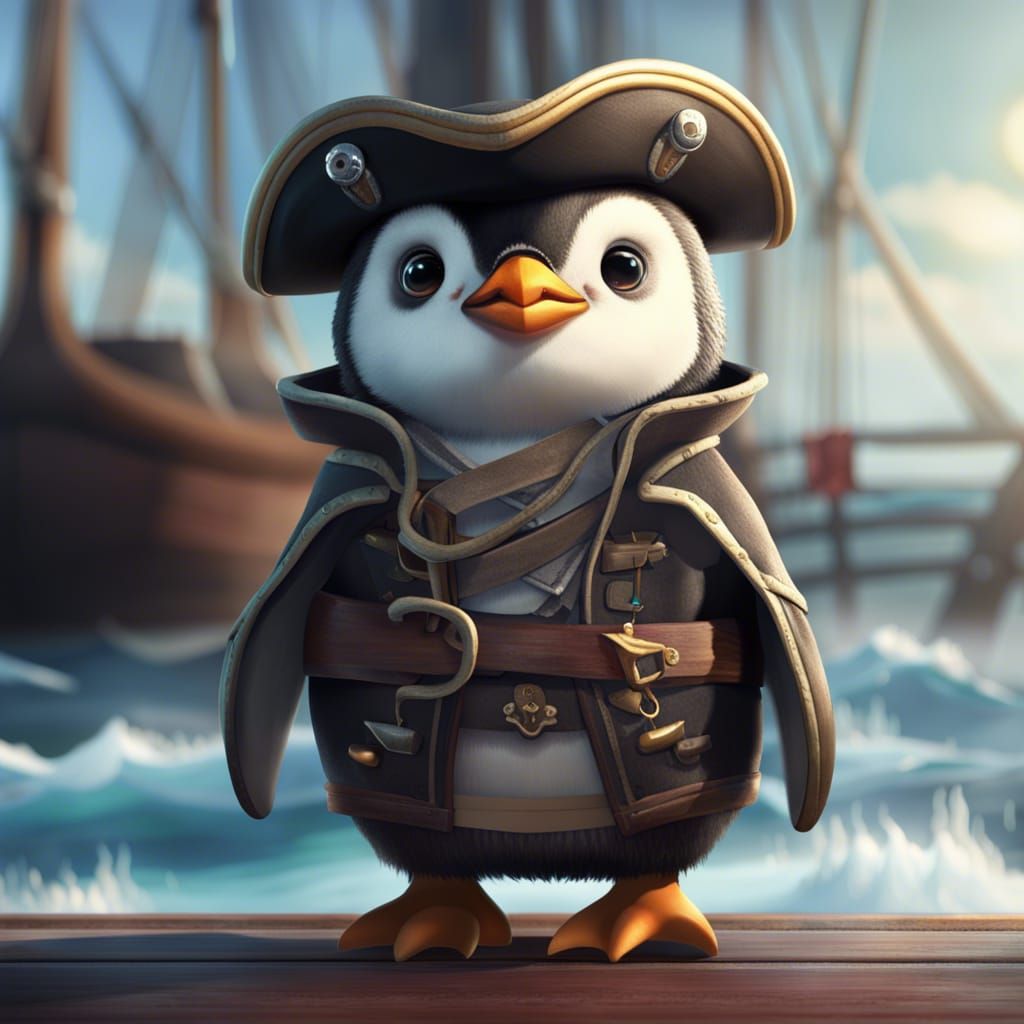 Penguin Pirate on Deck: Cinematic Digital Art