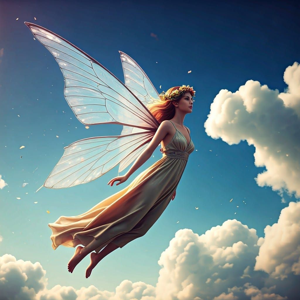 Ethereal Fairy Soaring Through Cerulean Skies