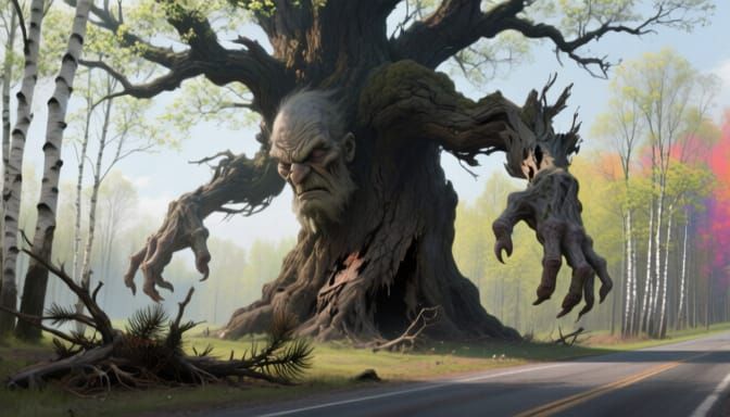 Ancient Oak Tree Contrasts with Smiling Birches in Hyperreal...