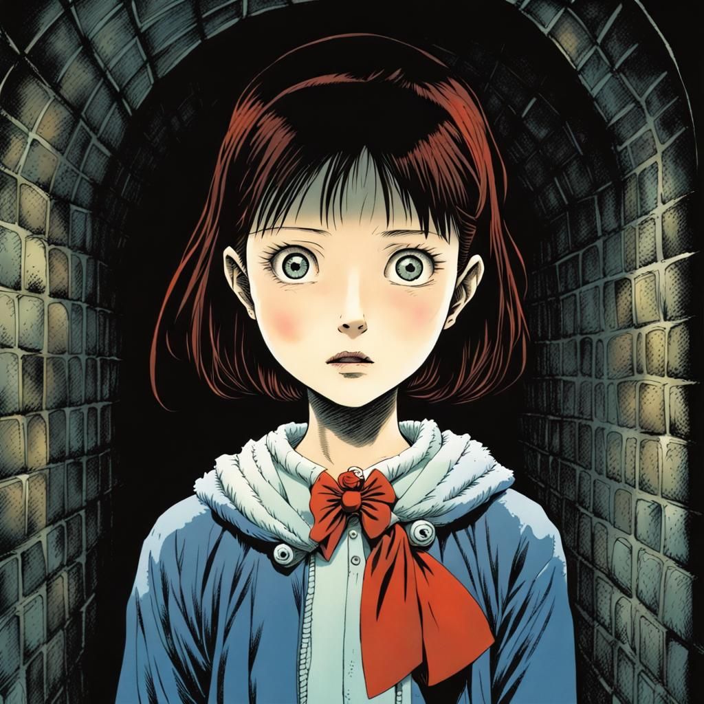 Girl in Spiraling Tunnel: Manga-Inspired Art