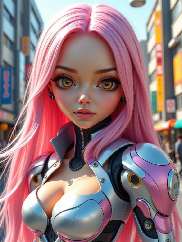 Chibi Futuristic Cyborg Woman in Tokyo